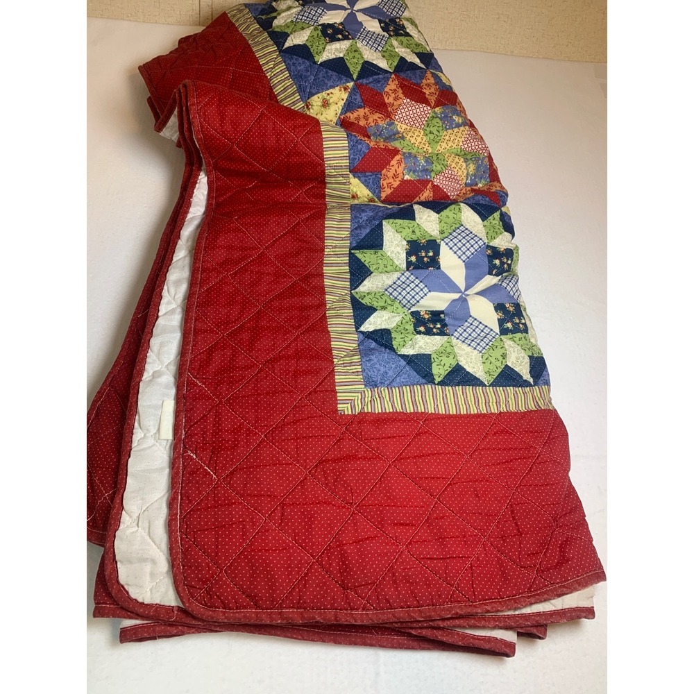 Vintage Walmart Star Patchwork Quilt Red Blue Green Floral Polka Dot Bedspread - Picture 2 of 12